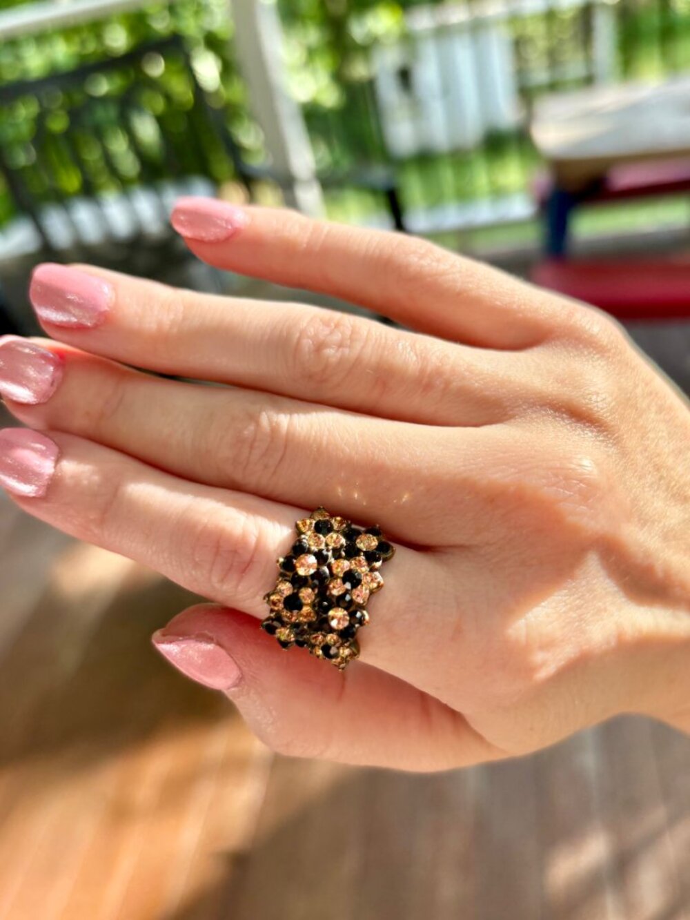 Michal Negrin Signed Adjustable Ring in Yellow and Black Swarovski Crystals